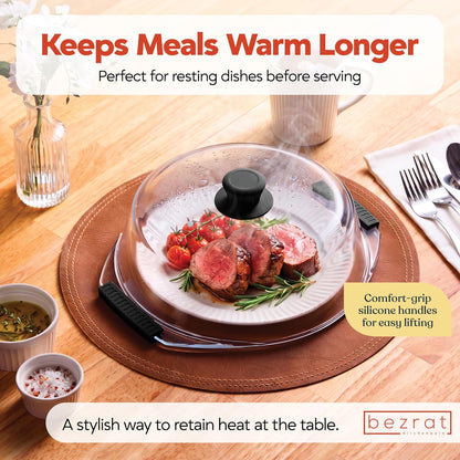 Bezrat 2in1 Glass Microwave Plate and Cover/Splatter Guard Lid, with Easy Grip silicone handle, 100% Food Grade, BPA Free and Dishwasher safe (Black)