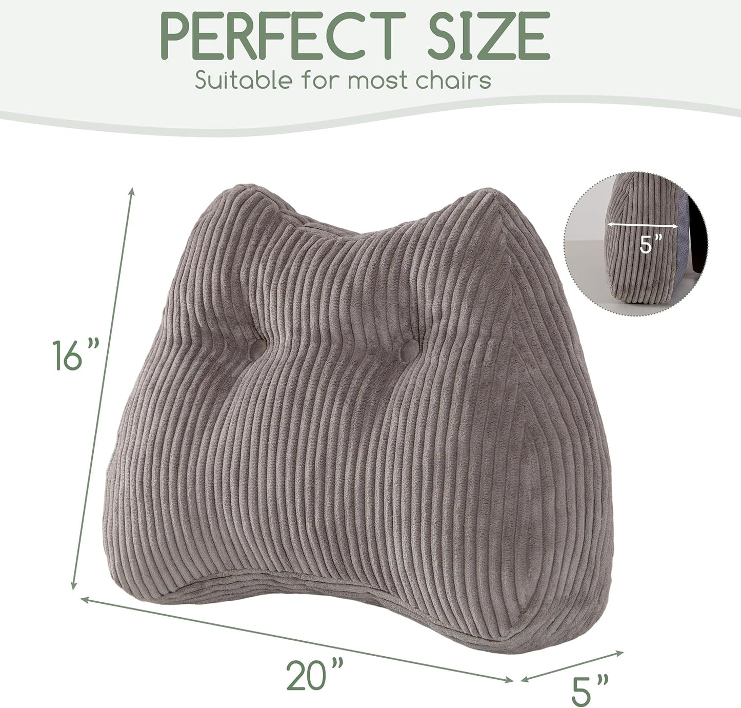 Lumbar Support Pillow for Recliner Chair/Accent Chair/Couch/Office Chair, Tufted Corduroy Back Support Cushion for Elderly, M-Shaped Recliner Cushions for Back Rest, Pain Relief, Reading, Dark Grey