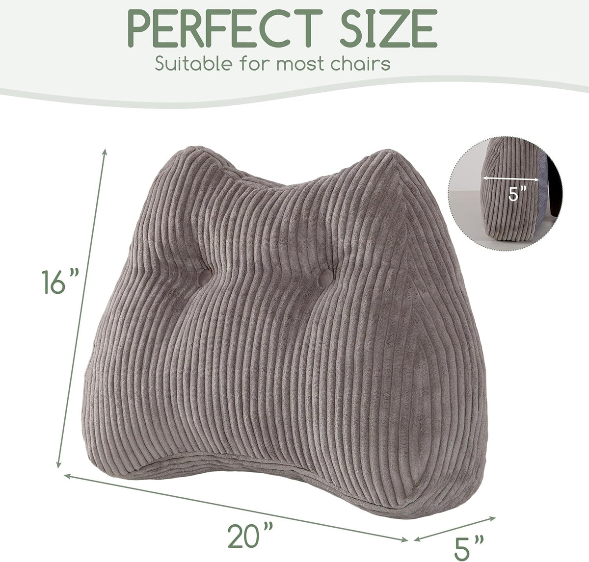 Lumbar Support Pillow for Recliner Chair/Accent Chair/Couch/Office Chair, Tufted Corduroy Back Support Cushion for Elderly, M-Shaped Recliner Cushions for Back Rest, Pain Relief, Reading, Dark Grey