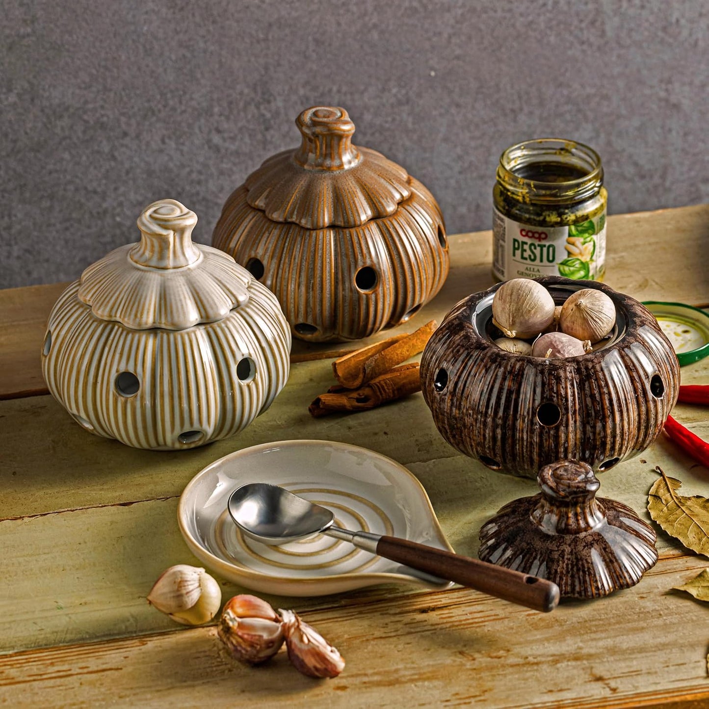Garlic Storage Pod Ceramic Garlic Keeper with Lid Large Garlic Container for Counter, White