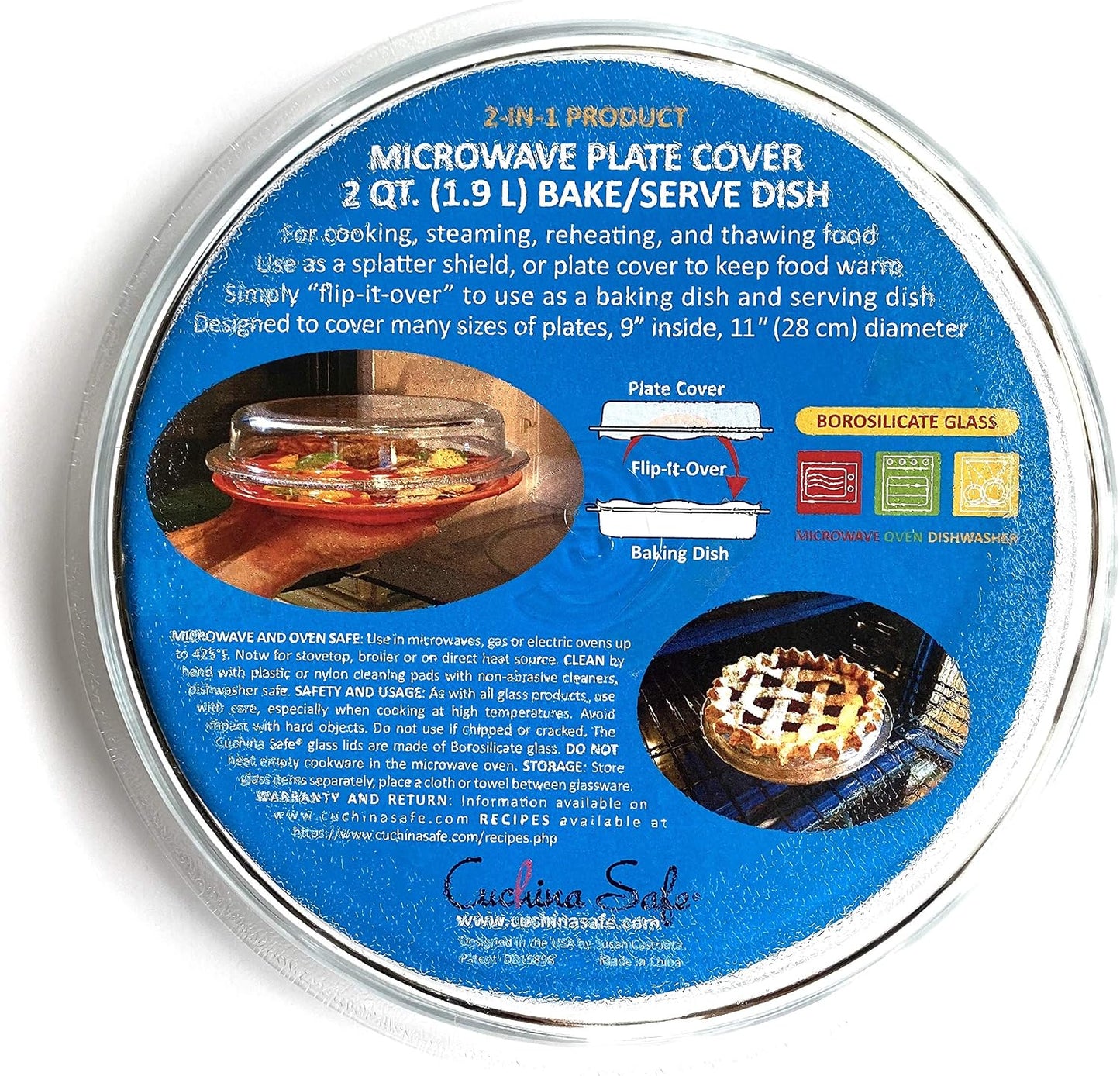 Cuchina Safe 2-in-1 Cover ‘n Cook Vented Glass Microwave Plate Cover and Baking Dish; Easy to Grip for Baking and Serving