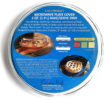 Cuchina Safe 2-in-1 Cover ‘n Cook Vented Glass Microwave Plate Cover and Baking Dish; Easy to Grip for Baking and Serving