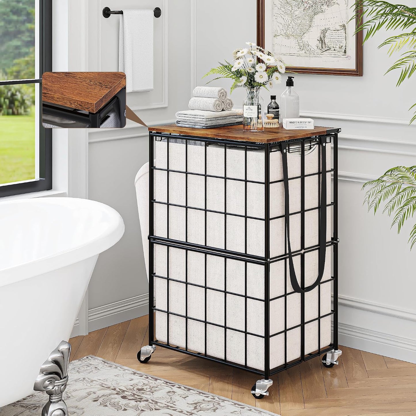 90L Laundry Basket with Wheels, Large Capacity Laundry Hamper with Removable Liner Bags, Heavy Duty Laundry Sorter with Solid Wood Lid & Leather Handles, Grey