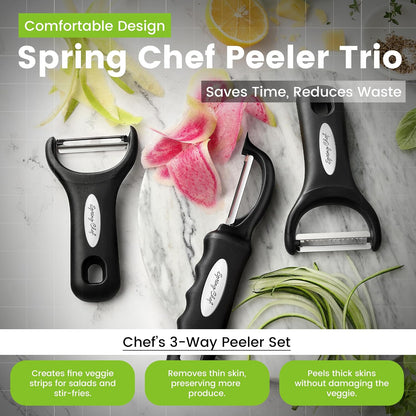 Spring Chef 3pcs Vegetable Peelers for Kitchen, Swivel, Y & Julienne Peeler | Premium Stainless Steel Potato Peelers with Soft Grip Handles, Ultra Sharp Blades for Fruits, Veggies, Apples, Carrots