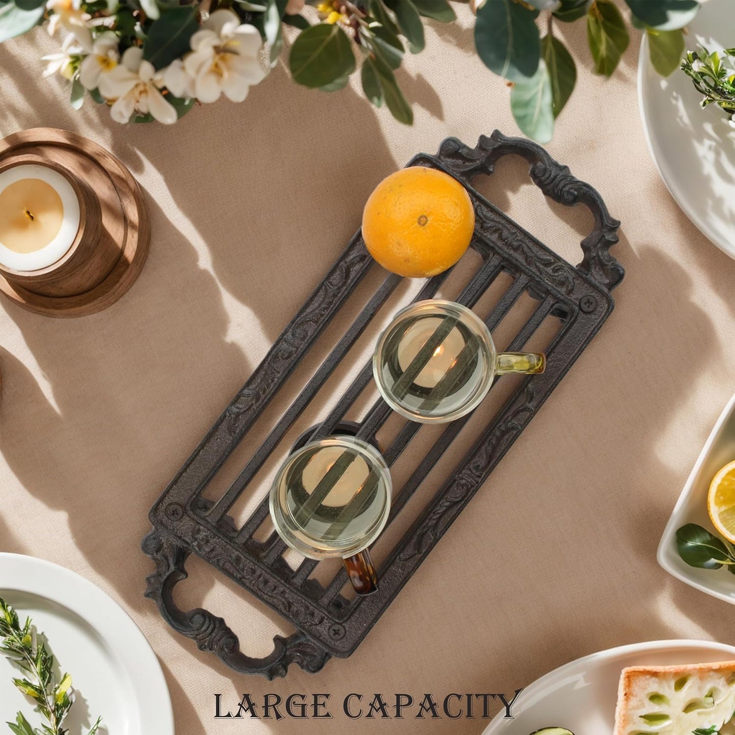 Cast Iron Teapot Warmer, Durable Tea Pot Warmer with 2 Tealight Holders for Tea, Coffee & Food Simmer Pot, Heavy-Duty Tea Warmer for Desk or Home, Includes Candle& Pinch Mitts