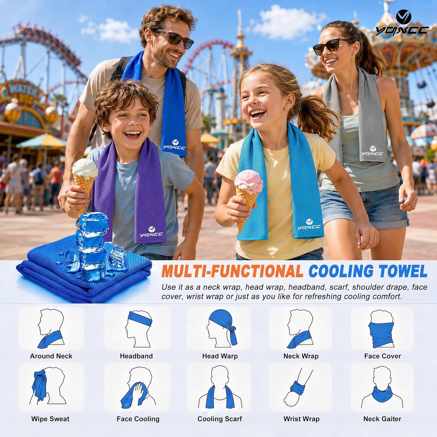 YQXCC 4 Pack Cooling Towels (47"x12"), Ice Cool Towels for Neck & Face | Soft Breathable Microfiber, Instant Cooling Neck Wraps, Ideal for Yoga, Golf, Gym, Running, Camping & Hot Weather