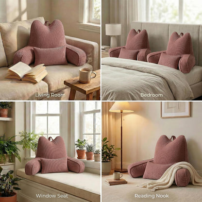 Patented Design Reading Pillow with Arms for Sitting Up, 2-in-1 Bed Rest Pillow with Detachable Lumbar Support, Backrest Support Cushion for Couch with Side Pockets & Handle, Beige Gray