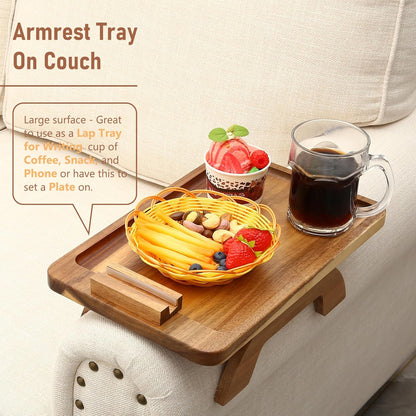 Couch Arm Tray,Bamboo Sofa Clip on Side Table,Foldable Couch Armrest Table with 360°Rotating Phone Holder,Anti Slip Food Trays for Eating/Drinks/Snacks/Remotes 15.35" x 9.85"