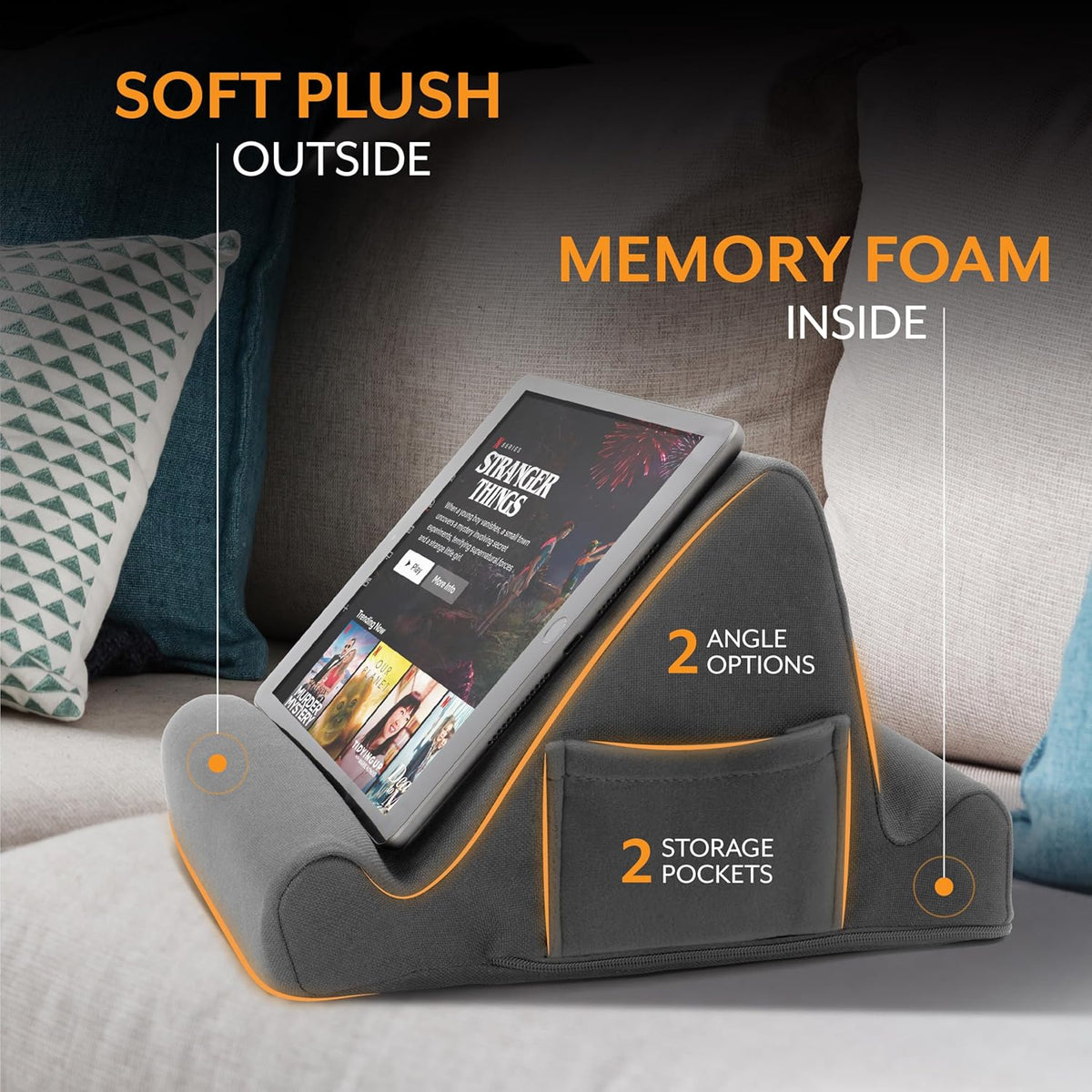 Brookstone Tablet Lap Cushion - Tablet/Phone/Ebook Holder for Bed, Flights, and Travel, Memory Foam Lap Desk for Reading and Hands Free Viewing, Compatible iPad and Kindle Accessories, Grey