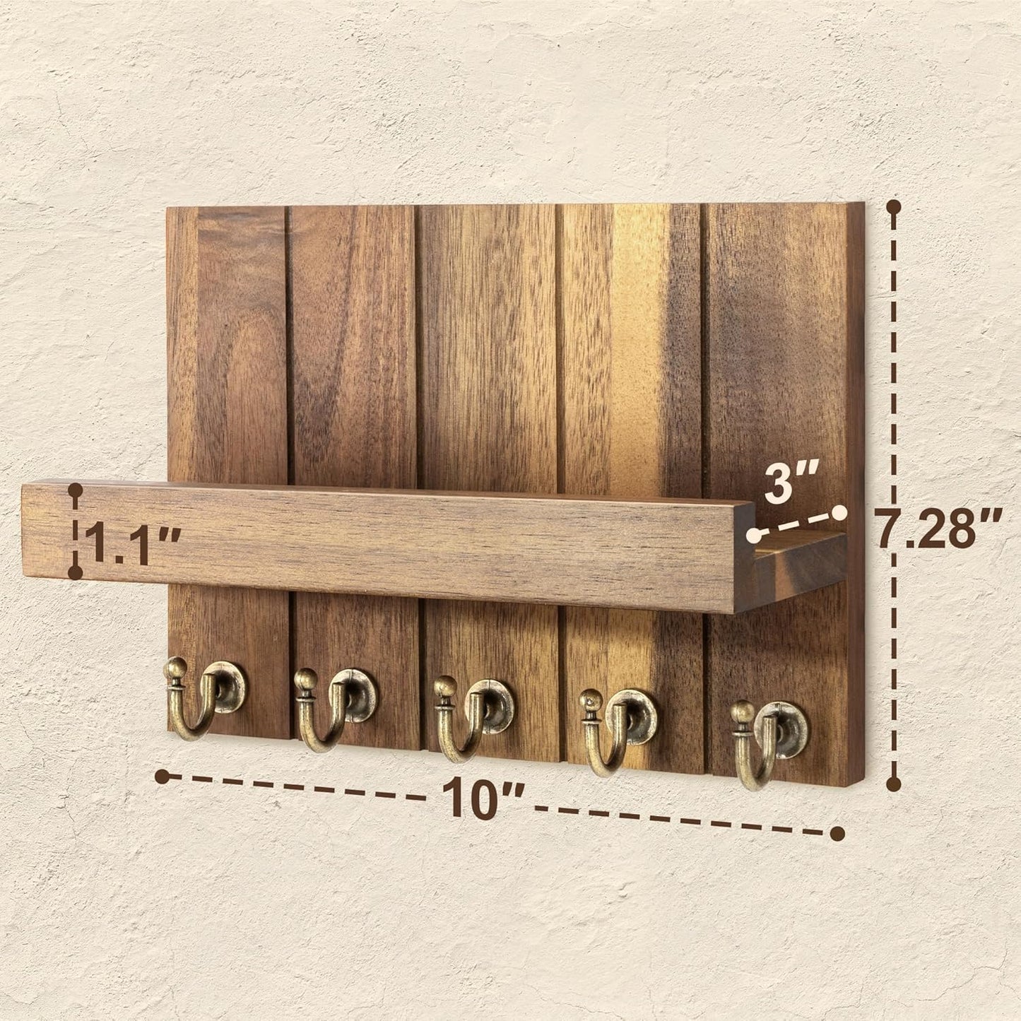Rebee Vision Key Holder Wall Mount with 5 Key Hooks for Home Decor, Brown | 3.54'' x 10'' x 7.28'', Small Shelf for Display Plant, Key Hangers for Hat, Entryway Space-Saving Storage