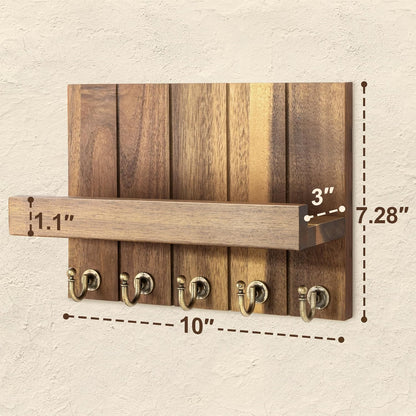 Rebee Vision Key Holder Wall Mount with 5 Key Hooks for Home Decor, Brown | 3.54'' x 10'' x 7.28'', Small Shelf for Display Plant, Key Hangers for Hat, Entryway Space-Saving Storage