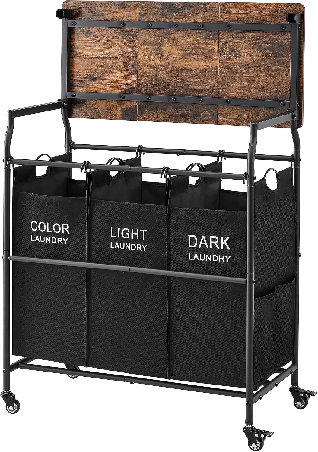 Hoctieon 3 Section Laundry Sorter with Iorning Board, Laundry Hamper, Black | Lockable Wheels, Laundry Basket Organizer with Wheels, Heavy Duty Clothes Organizer, Large Clothes Separator, Removable Bags