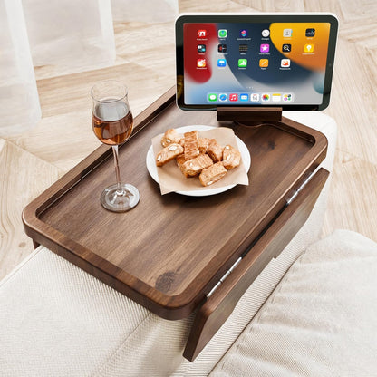 HOLANA 13.75" Acacia Sofa Arm Tray Table, Double Hinge, Natural Wood Color | Solid Acacia Wood, Spacious Surface, Clips Securely with Double-hinge Grip, Foldable & Portable, Multipurpose, No Assembly