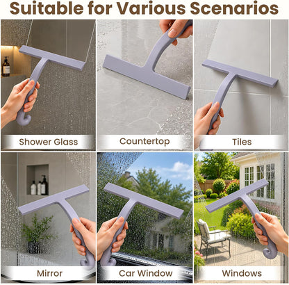 10 Inch Silicone Shower Squeegee for Glass Doors, Streak-Free, Black | No-Squeak Silicone Blade, Ergonomic Round Grip and Built-In Hook for Quick Daily Cleaning of Shower Glass, Tile and Windows