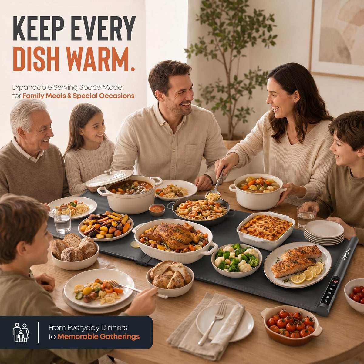 XXL Food Warming Mat Countertop 42"x16" – 2 Piece Extendable Electric Warming Tray for Buffets & Parties – Extra Large Roll Up Silicone Food Warmer Mat with 8 Temp Settings, Auto Shut Off Food Warmer