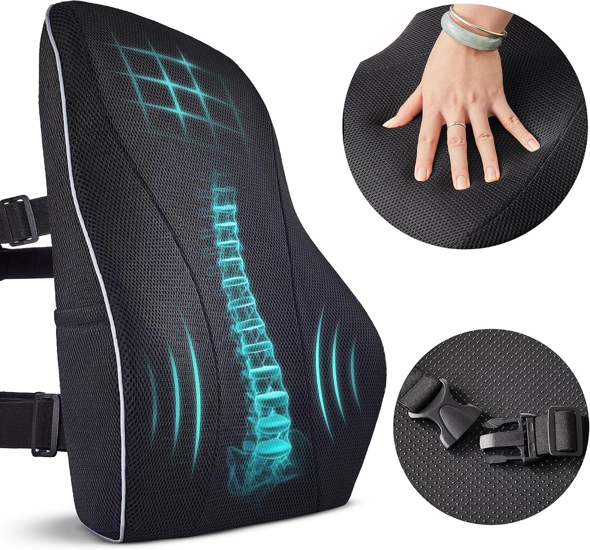 TULARIS Extra Dense Lumbar Pillow with Double Adjustable Straps - Ergonomic Lumbar Support Pillow for Office Chair, Car, Couch Firm Back Support for Lower Back & Spine Pain Relief Memory Foam Cushion