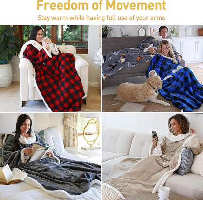 Catalonia Sherpa Wearable Blanket with Sleeves and Pocket for Adults