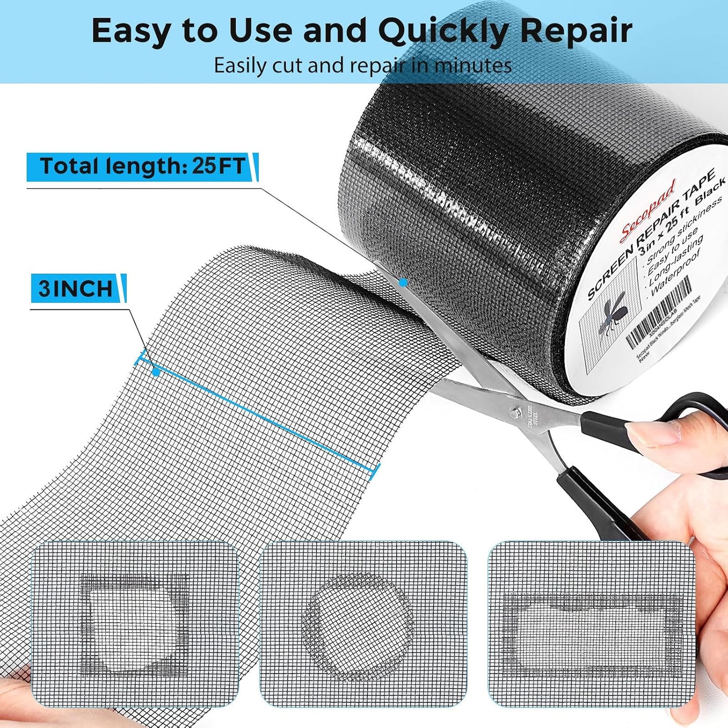Secopad 2" x 420" (35FT) Screen Repair Tape, Screen Repair Kit, Black | Window Screen Patch, Quick Repair, Strong Adhesive, Easy to Use, For Mesh Window & Door, Cuttable Fiberglass, No Tools Needed