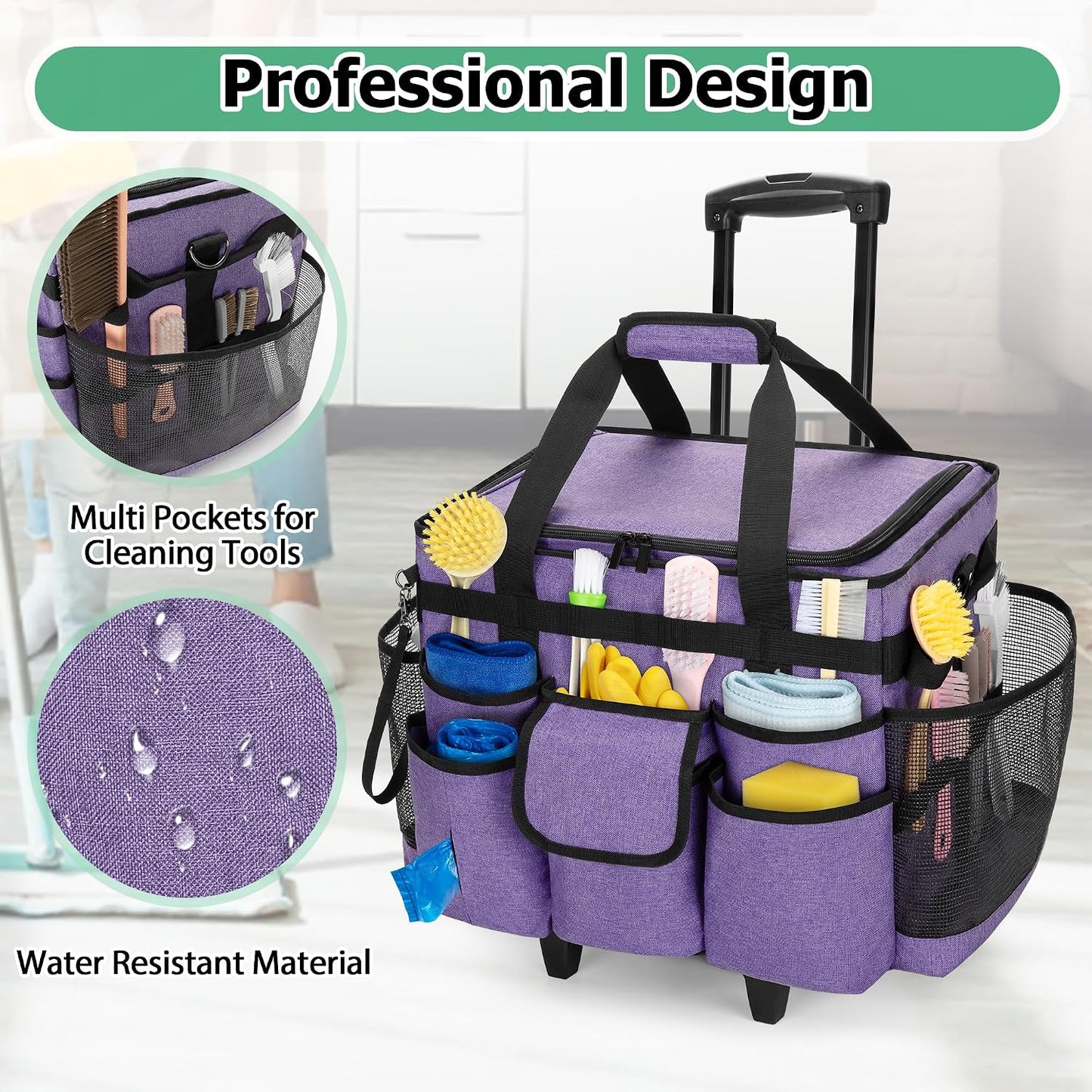 LoDrid Rolling Cleaning Caddy with Lid and Detachable Trolley, Black | Cleaning Supplies Organizer, Cleaning Caddy Cart on Wheels with Handle and Shoulder Strap for Housekeepers