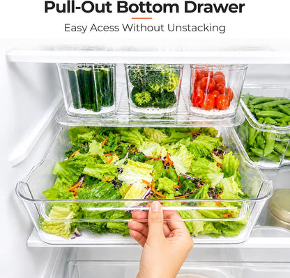 SMRCAD Clear Fridge Bins with Drain Trays - BPA-Free PET, Stackable(6 Pack) | 6 Pack: 1 Drawer + 5 lidded Bins, Helps Keep Produce Fresh, 16.3L Capacity, Hand Wash Only