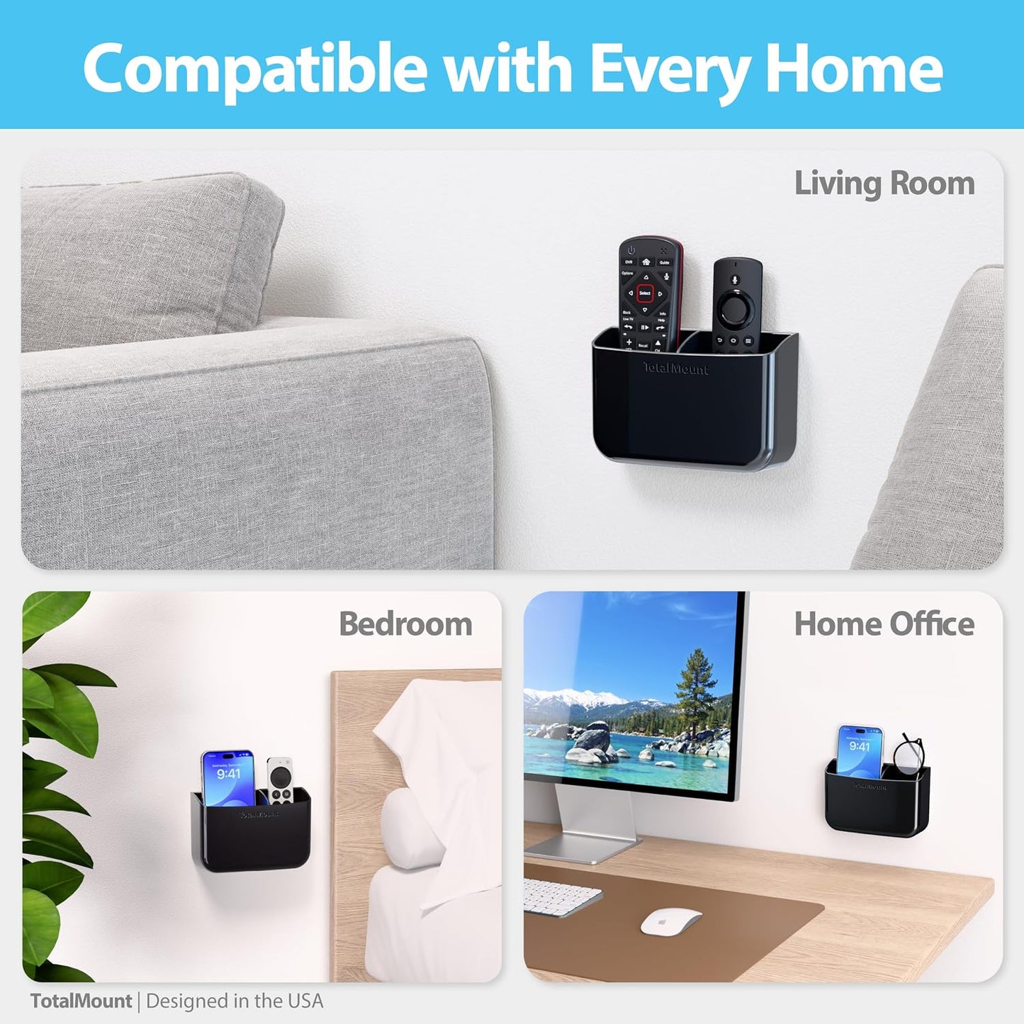 TotalMount Drop-Free Remote Holder – Removable Adhesive Strips – Black | Designed in the USA – Simply Put the Remotes In – No Tricky Magnet Alignment Needed (Holds 2 or 3 Remote Controls)