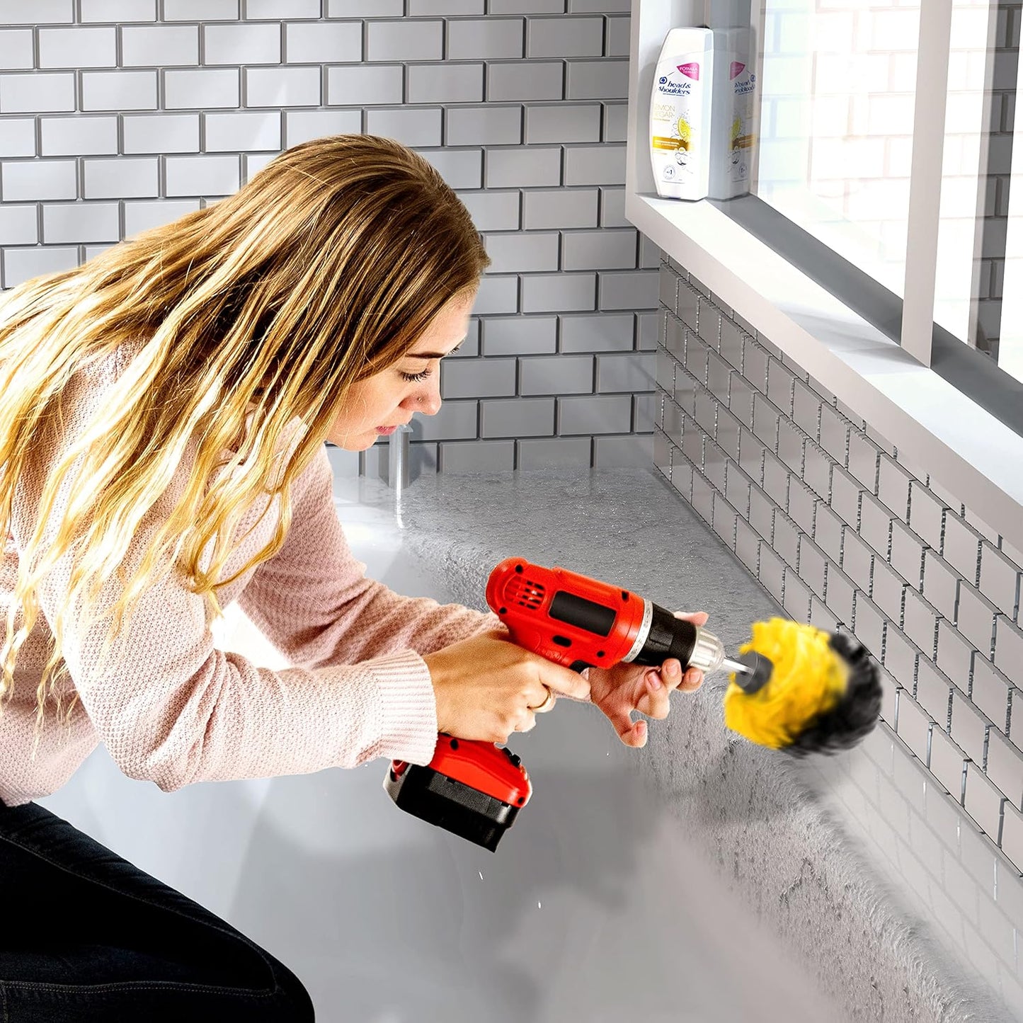 SCRUBIT Drill Brush Attachment Set - Power Scrubber Tile and Grout Tool - Use for Kitchen, Shower, Bathtub and Floor Surface - All Purpose Household Cleaning Kit Includes 3 Brushes with A Bit Extender