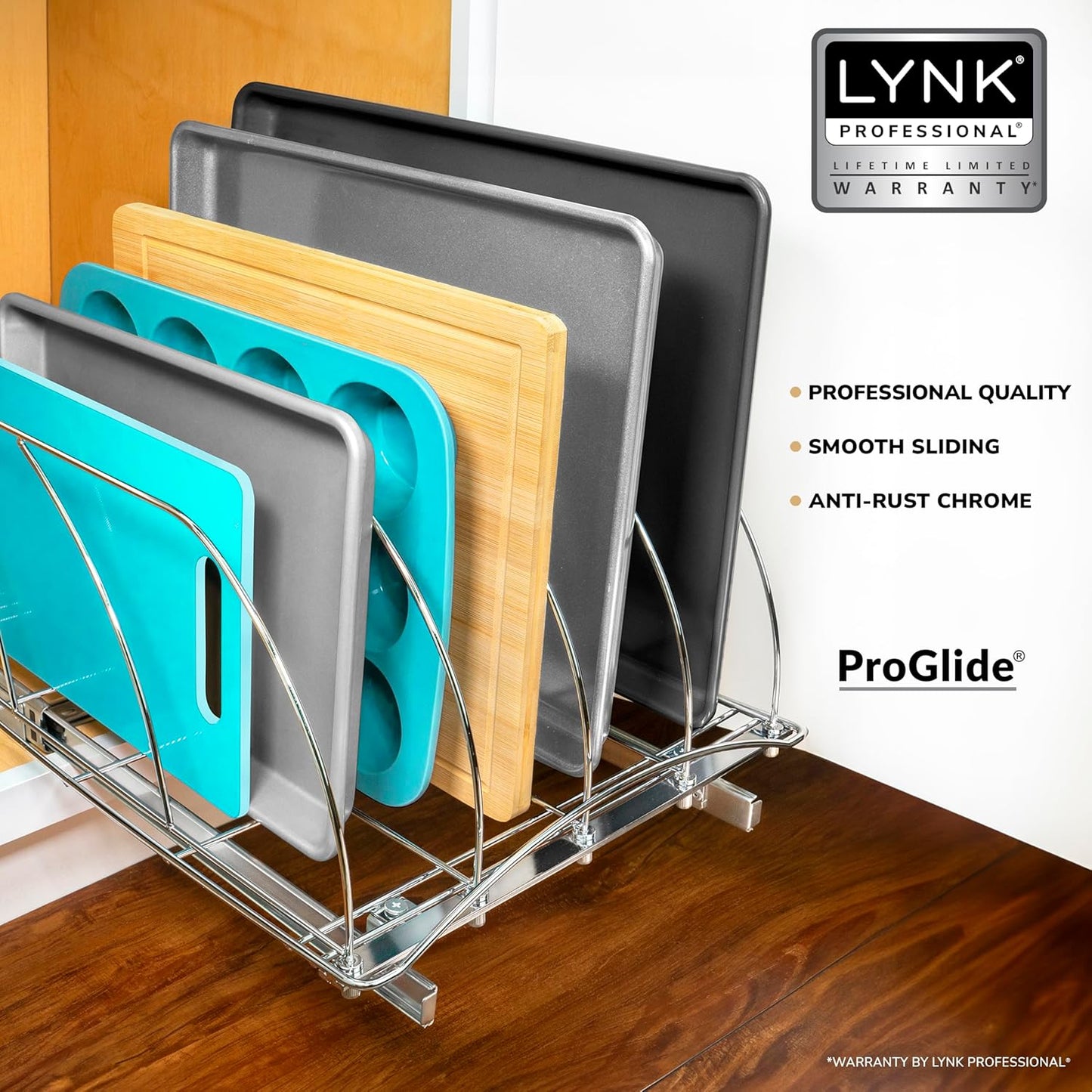 LYNK PROFESSIONAL® Pull Out Cookie Sheet Organizer for Cabinet – Baking Sheet Organizer – Sheet Pan Organizer - Lifetime Ltd. Warranty – 10” x 21” Deep Inside Cabinet, Chrome