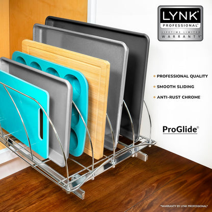 LYNK PROFESSIONAL® Pull Out Cookie Sheet Organizer for Cabinet – Baking Sheet Organizer – Sheet Pan Organizer - Lifetime Ltd. Warranty – 10” x 21” Deep Inside Cabinet, Chrome