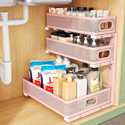 Kitstorack Under Sink Organizer, 2-Pack 3-Tier Height Adjustable Thickened Metal Pull out Cabinet Organizer Shelf, Slide out Storage Drawer Rack for Bathroom Kitchen Pantry Home Laundry Organization