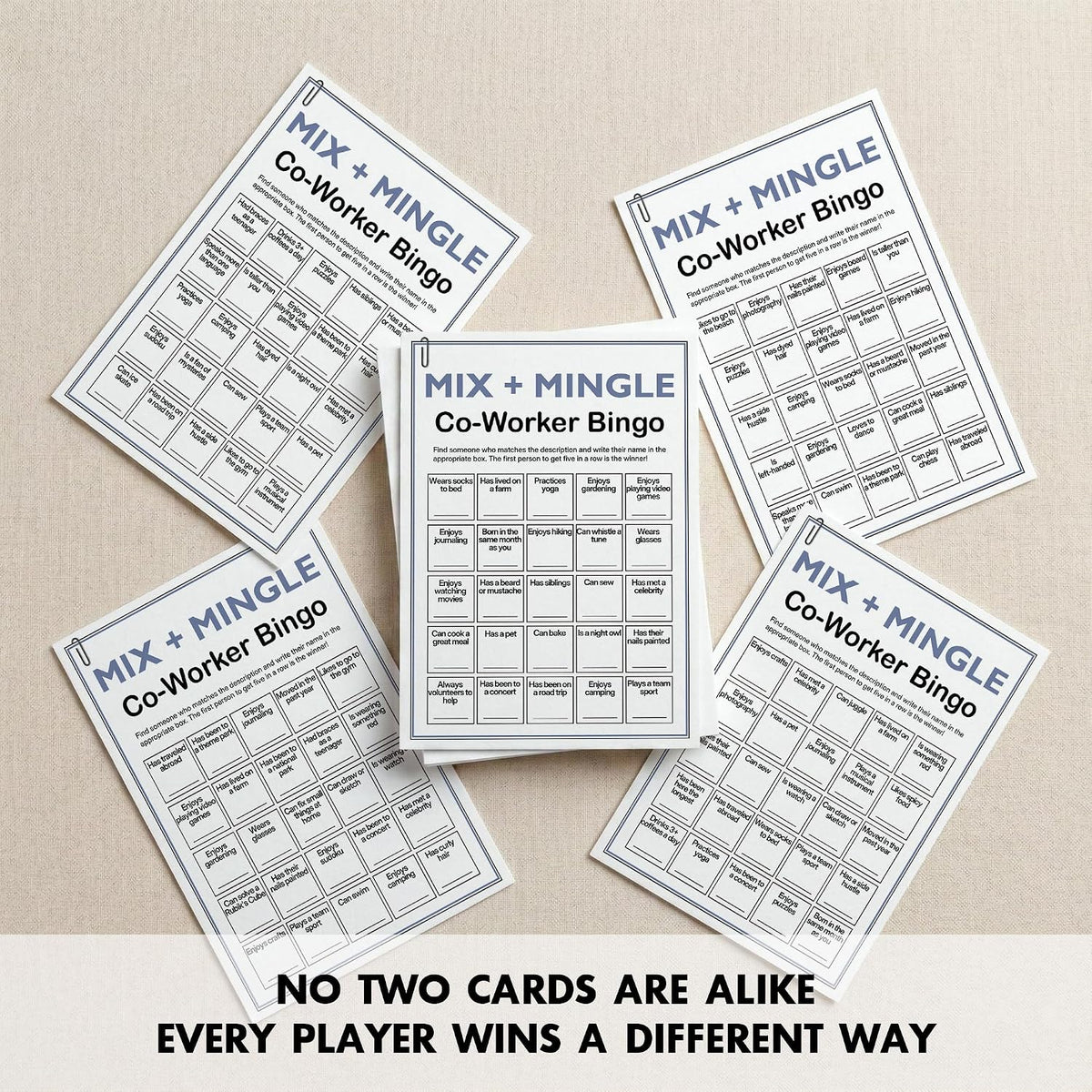 Find Someone Who Bingo Cards, 25 Unique 5x7 Sheets, Get to Know You Activity, Team Building Games for Work, Ice Breakers Games for Office Party-A04