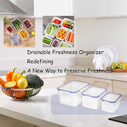 Fruit and Vegetable Storage Containers for Fridge, 6 Pcs/3 Sets Keep Fresh Produce Saver Containers Keeper, Food Storage Containers with Removable Colander (grey)