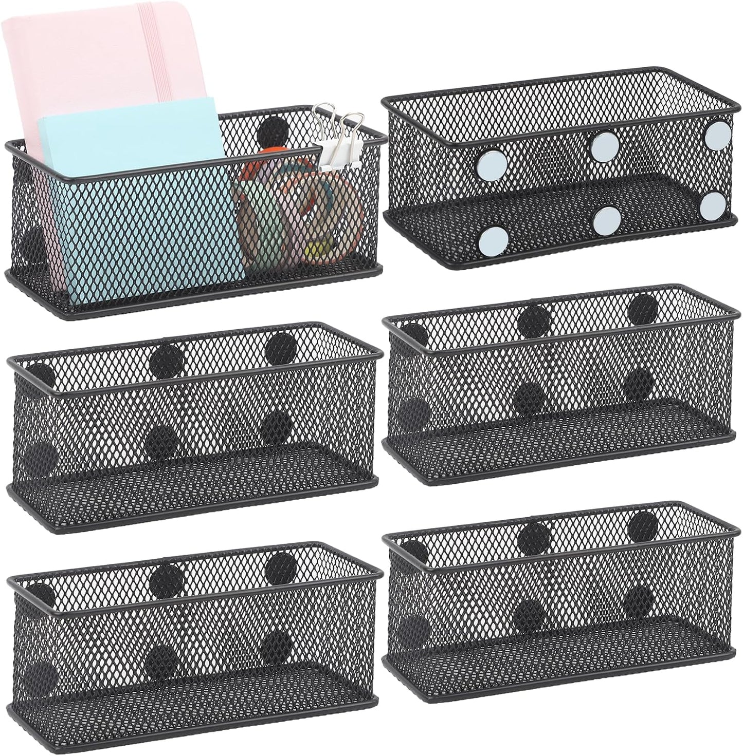 Magnetic Pencil Holder Set of 3 - Black Wire Mesh Storage Baskets Organizer with Strong Magnets - Perfect for Whiteboard, Refrigerator and Locker Accessories