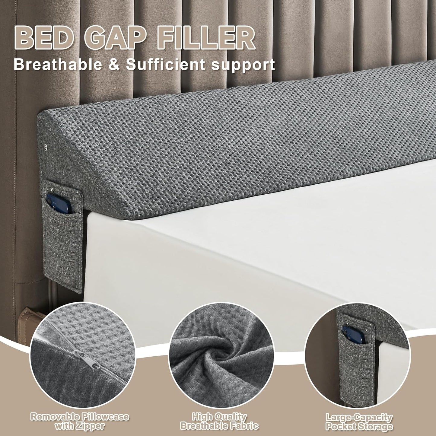 IFNOW Queen Size(60"x6"x10") Bed Wedge Pillow for Headboard, Mattress Gap Filler(0-8"), Bed Wedge for Gap Between Your Headboard and Mattress Dark Grey | High-Density Foam,Fills 0-8"Mattress Gap,Prevents Pillow & Items Falling,Works with Headboard or