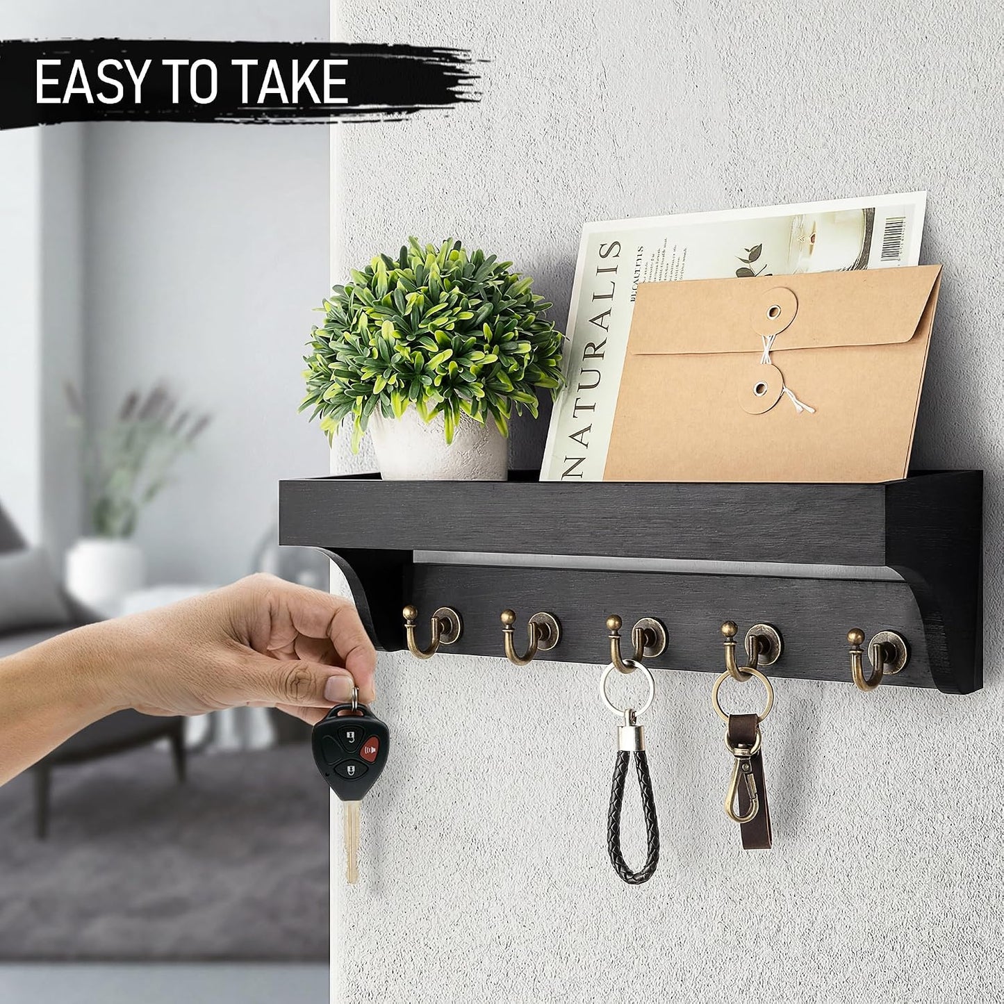 Rebee Vision Key Holder Wall Mount with 5 Hooks for Entryway, Retro Brown | Display Shelf for Plant & Letters, Key Shelf for Hats, Dog Leashes, Mail Organizer, Decorative Entryway & Living Room