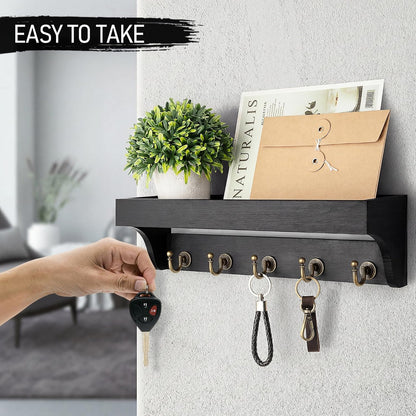 Rebee Vision Key Holder Wall Mount with 5 Hooks for Entryway, Retro Brown | Display Shelf for Plant & Letters, Key Shelf for Hats, Dog Leashes, Mail Organizer, Decorative Entryway & Living Room