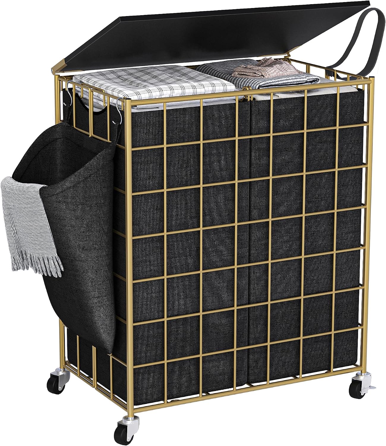 90L Laundry Basket with Wheels, Large Capacity Laundry Hamper with Removable Liner Bags, Heavy Duty Laundry Sorter with Solid Wood Lid & Leather Handles, Grey