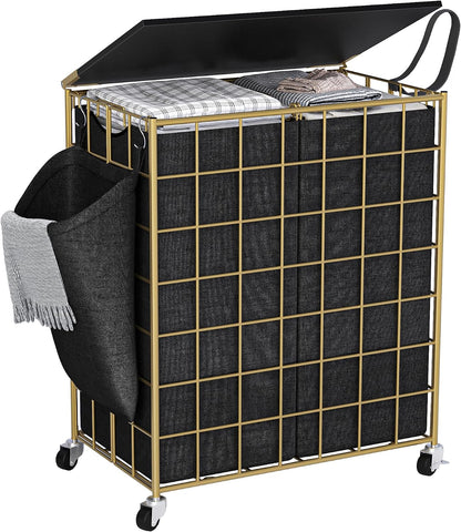 90L Laundry Basket with Wheels, Large Capacity Laundry Hamper with Removable Liner Bags, Heavy Duty Laundry Sorter with Solid Wood Lid & Leather Handles, Grey