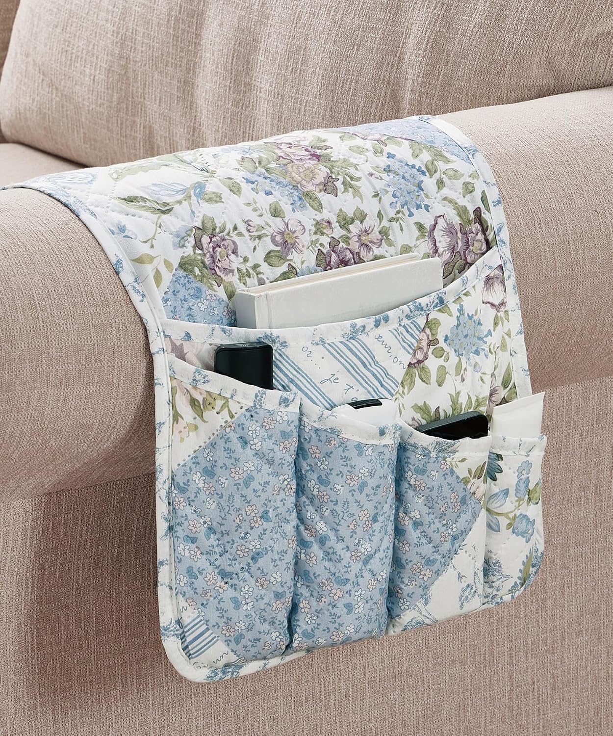 Brilliant Sunshine Burgundy Toile Floral Couch Armrest Cover, 35"×13" | Washable Magazine Holder, Armrest Organizer & Caddy on Sofa, Recliner, Armchair, Storage for Remote Controls, Phone, iPad