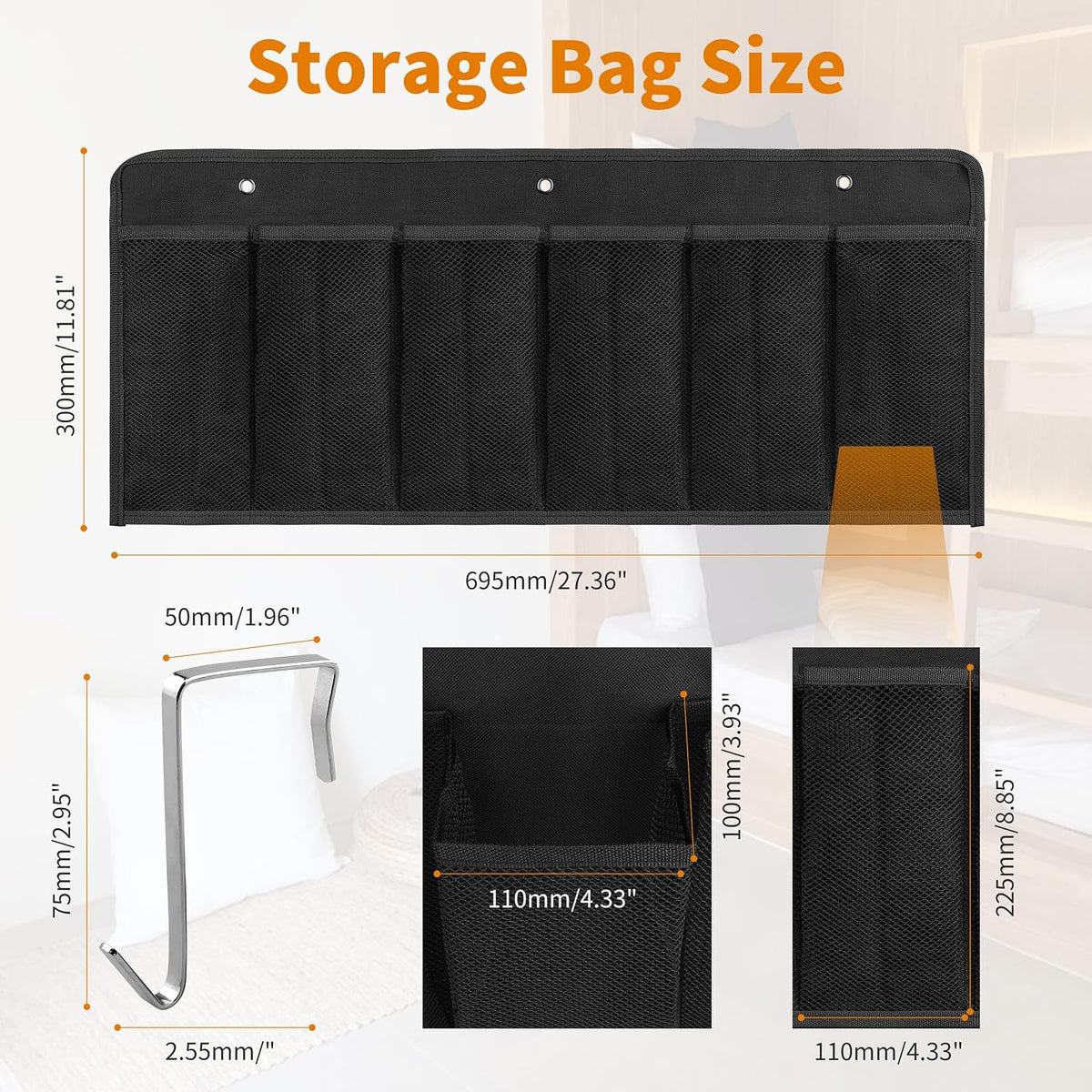 RVZONE 6‑Large‑Pocket RV Bedside Hanging Organizer with Sturdy Hooks