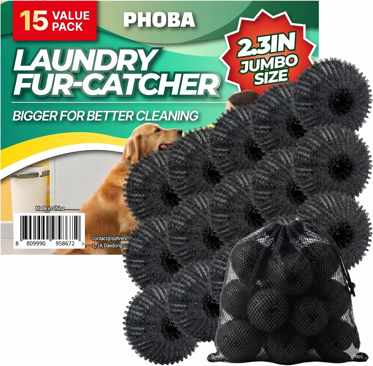 PHOBA 15-Pack Fabric Softening & Pet Hair Laundry Balls, 2.3-Inch Reusable Anti-Tangle Dryer Balls, Dog & Cat Fur Lint Catcher for Clothes and Bedding, Multi-Functional Fabric Care Set