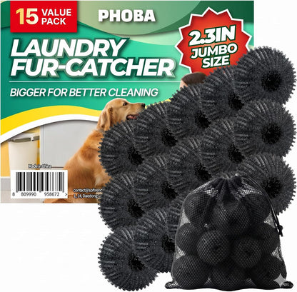 PHOBA 15-Pack Fabric Softening & Pet Hair Laundry Balls, 2.3-Inch Reusable Anti-Tangle Dryer Balls, Dog & Cat Fur Lint Catcher for Clothes and Bedding, Multi-Functional Fabric Care Set