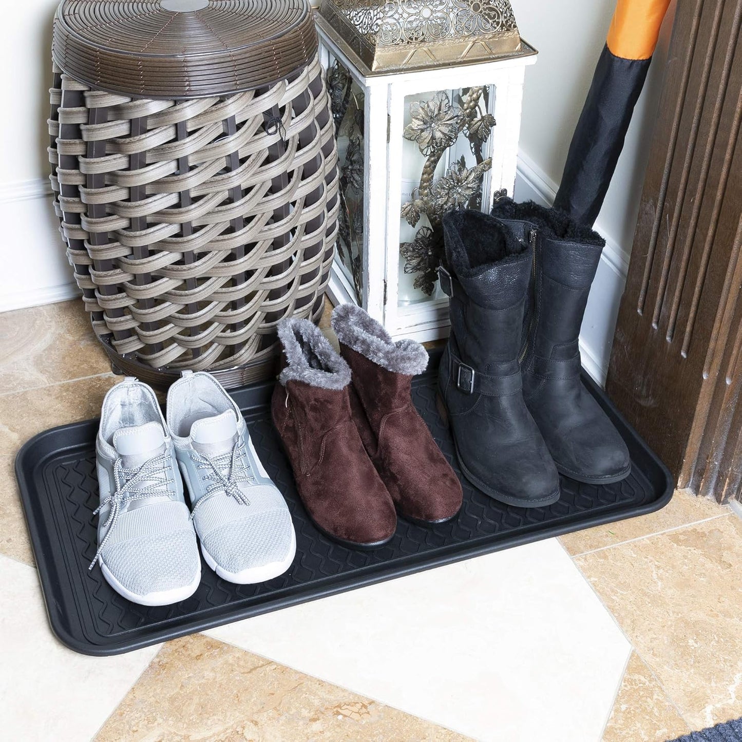 Ottomanson Indoor/Outdoor Boot Tray Non-Slip Doormat Modern Entryway Mat for Entryway Patio Backyard Garage, 18" x 28", Black