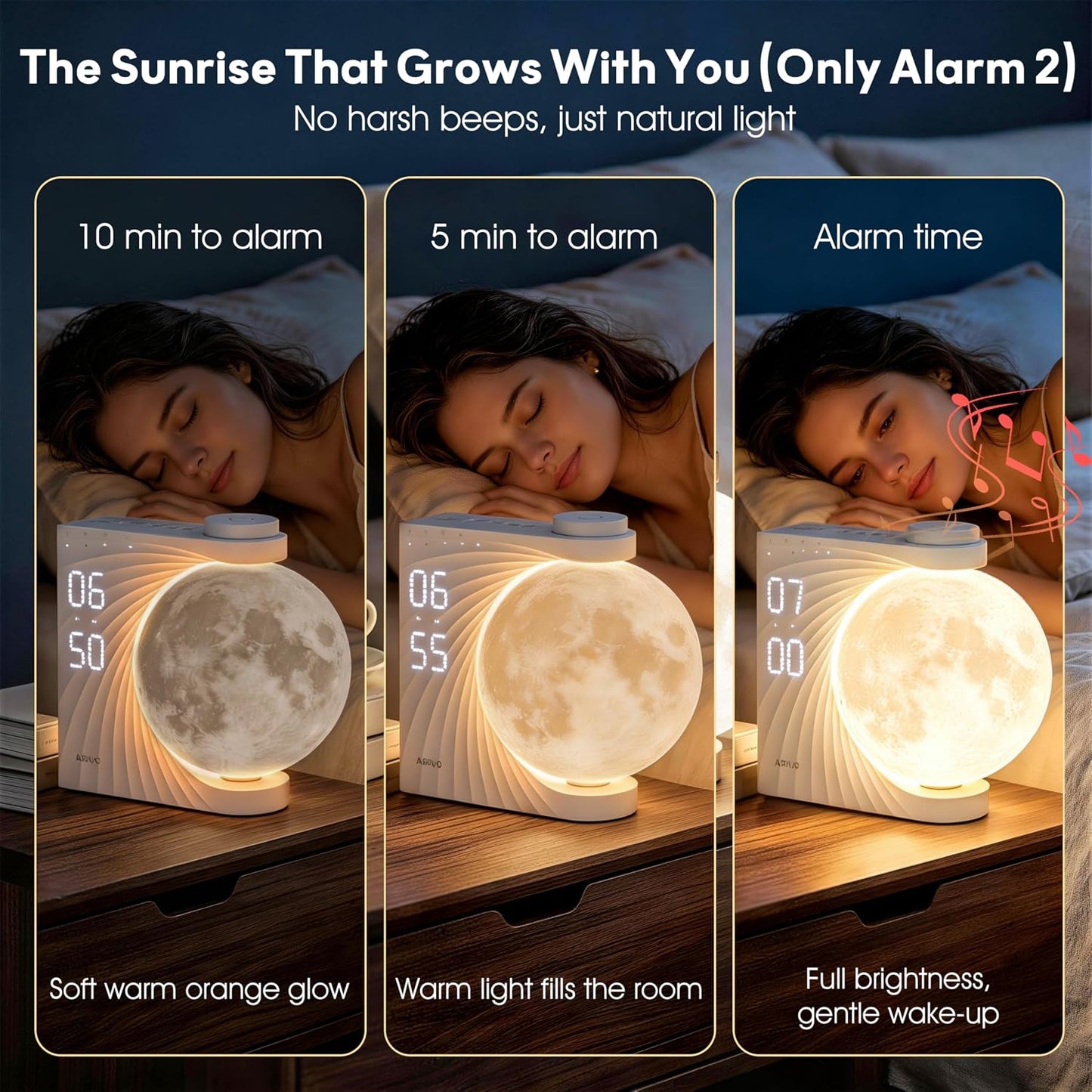 AIRIVO Alarm Clock for Bedrooms, Sunrise Alarm Clock Wake Up Light for Kids Teens, White Noise Sound Machine, Moon Light Dual Alarms for Heavy Sleepers, Night Light Clock for Preppy Room Decor