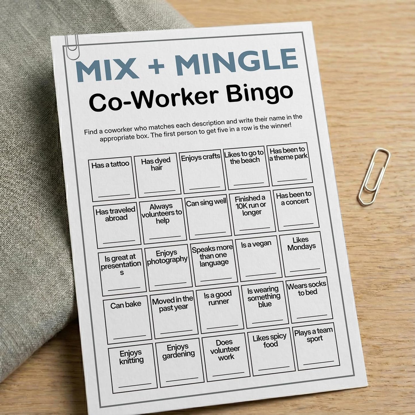 Find Someone Who Bingo Cards, 25 Unique Randomized 5x7 Sheets, Get to Know You Bingo Game for Adults, Ice Breaker Office Party Games, Team Building Games for Work, High Replay Value - A05
