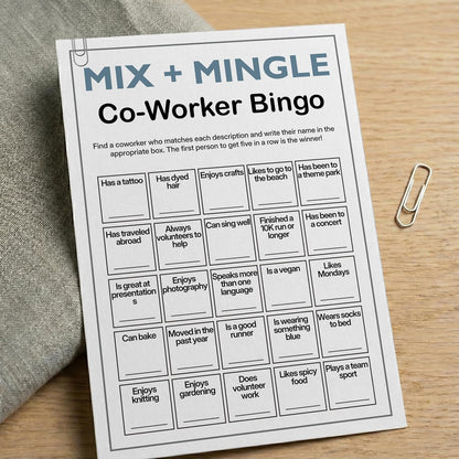 Find Someone Who Bingo Cards, 25 Unique Randomized 5x7 Sheets, Get to Know You Bingo Game for Adults, Ice Breaker Office Party Games, Team Building Games for Work, High Replay Value - A05