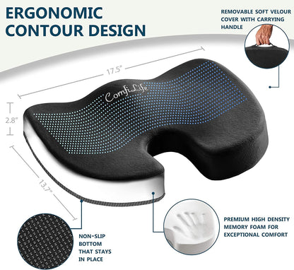 ComfiLife Premium Comfort Seat Cushion - Non-Slip Orthopedic 100% Memory Foam Coccyx Cushion for Tailbone Pain - Cushion for Office Chair Car Seat - Back Pain & Sciatica Relief (Gray)