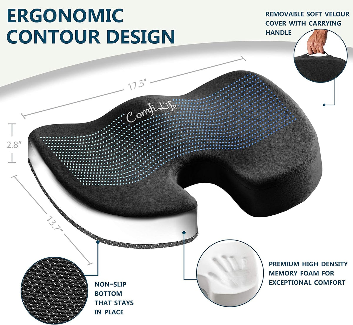 ComfiLife Premium Comfort Seat Cushion - Non-Slip Orthopedic 100% Memory Foam Coccyx Cushion for Tailbone Pain - Cushion for Office Chair Car Seat - Back Pain & Sciatica Relief (Gray)