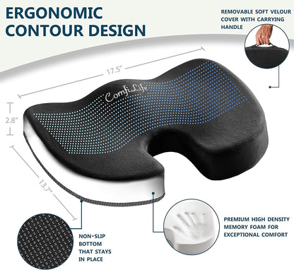 ComfiLife Premium Comfort Seat Cushion - Non-Slip Orthopedic 100% Memory Foam Coccyx Cushion for Tailbone Pain - Cushion for Office Chair Car Seat - Back Pain & Sciatica Relief (Gray)