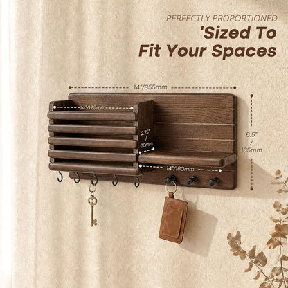 Rebee Vision Key Holder Wall Mount with Mail Slot for Entryway, Retro Brown | Pine Wood, Key Holder for Wall, 8 Hooks for Dog Leashes, Floating Shelf, Mail Sorter, New Home Essentials, Entryway Storage