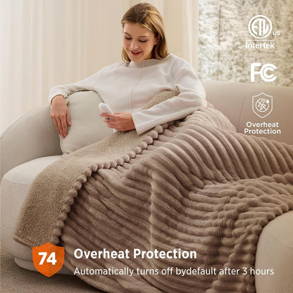 Bedsure Heated Blanket Electric Throw - Thick Striped Fast Heating Electric Blanket with Preheat Function, 6 Heat & 6 Timer (Up to 10H), 8H Auto Off, ETL Certified, Gifts for Women (50"x60", White)